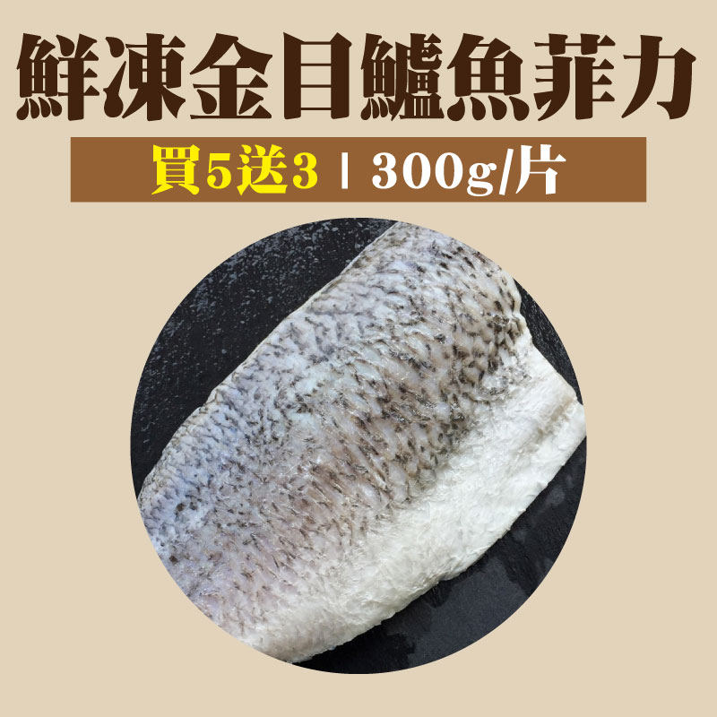 大團購-( 買5送3 )【五朝港水產】鮮凍金目鱸魚菲力  (300克±10%/片)